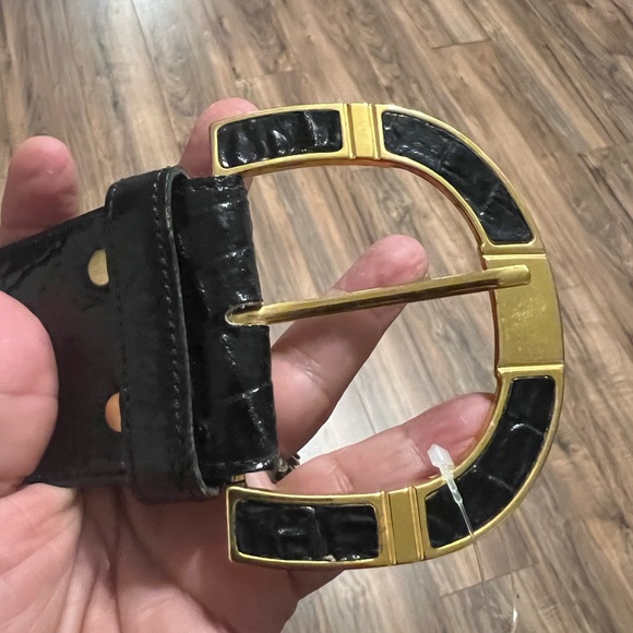 Vintage Avignon Black Croc Embossed Statement Belt Gold Tone Inlay Buckle SM - Picture 9 of 12